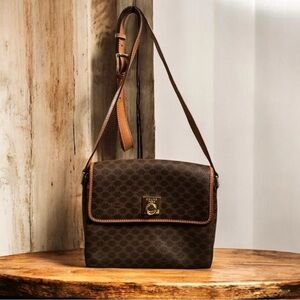 Celine Brown and Tan Macadam Leather Crossbody Bag